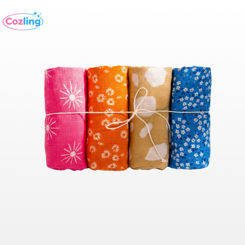 4-Piece Muslin Swaddle Blanket Gift Set | 100% Cotton Bamboo Baby Wrap