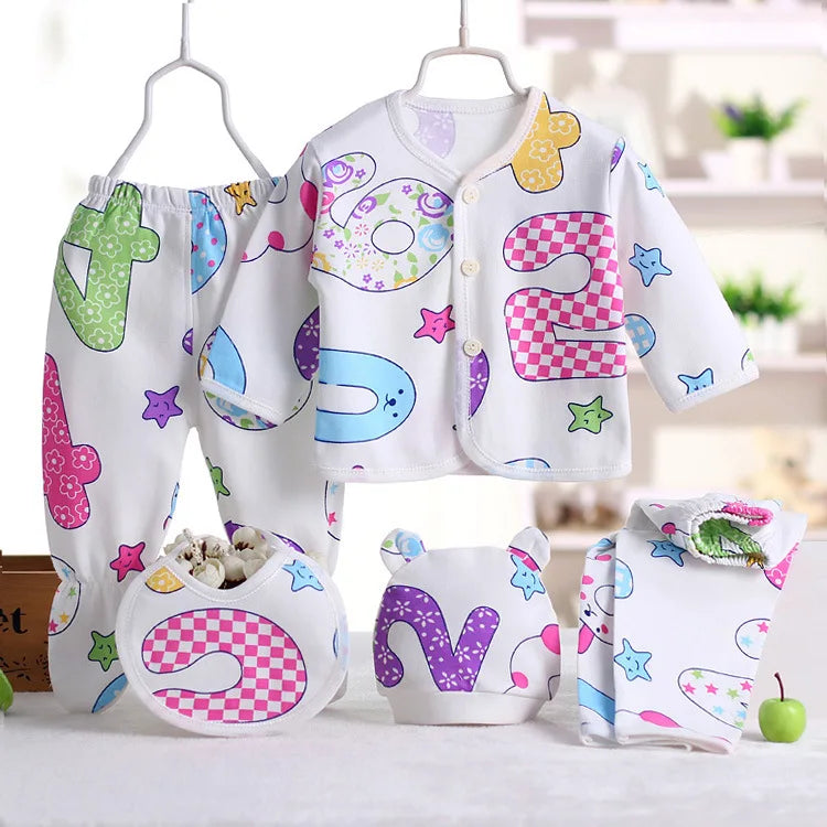 5-Piece Newborn Baby Clothing Set | Cartoon Cotton Tops & Pants 0-3 Months