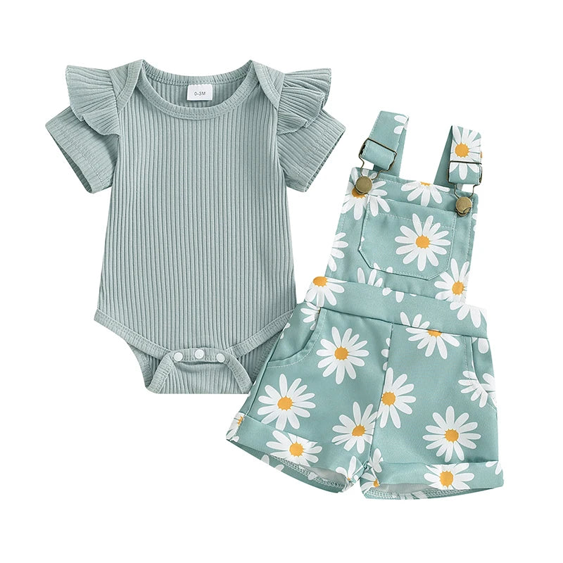Baby Girl Flower Print Romper & Suspender Shorts Set | Summer Outfit 0-18 Months