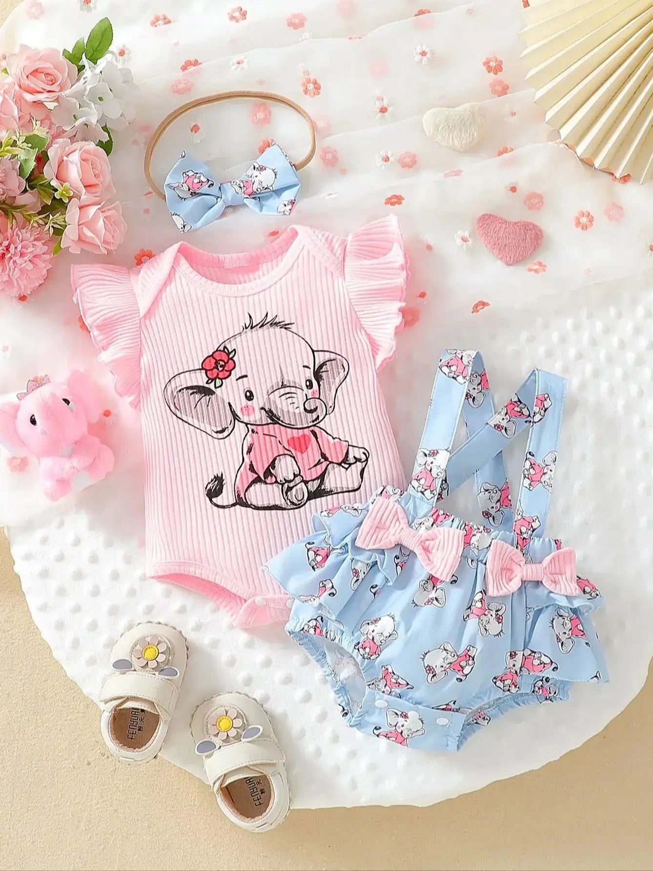 Baby Girl Elephant Print T-Shirt, Headband & Overalls Set