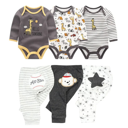 6-Piece Cotton Bodysuit & Pants Baby Set | Long Sleeve Cartoon Print 0-12M