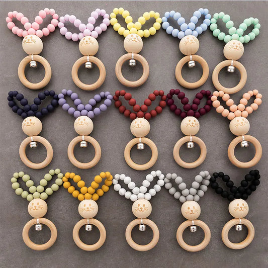 Silicone Baby Teether Bracelet with Wooden Ring — BPA Free