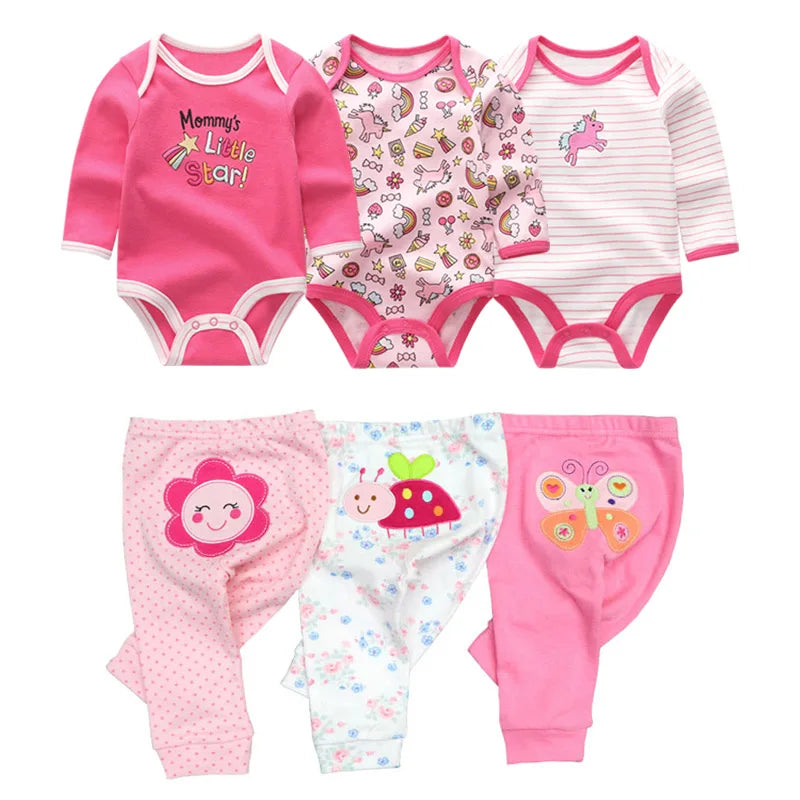 6-Piece Cotton Bodysuit & Pants Baby Set | Long Sleeve Cartoon Print 0-12M