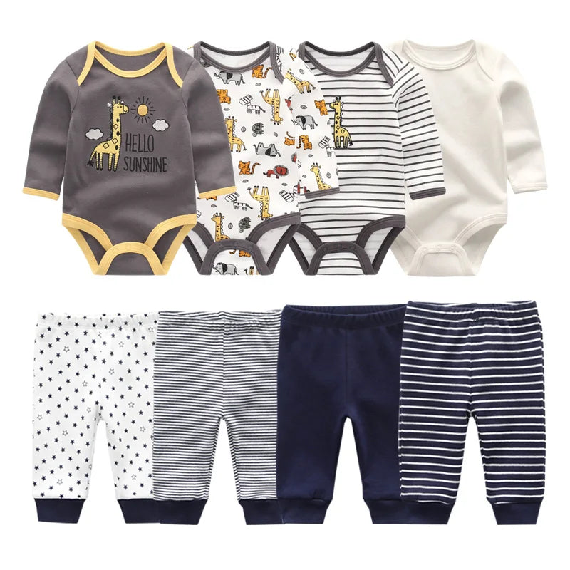 8-Piece Cotton Bodysuit & Pants Baby Set | Long Sleeve Cartoon Print 0-12M