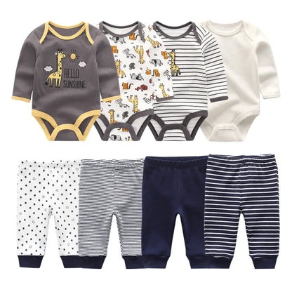 8-Piece Cotton Bodysuit & Pants Baby Set | Long Sleeve Cartoon Print 0-12M