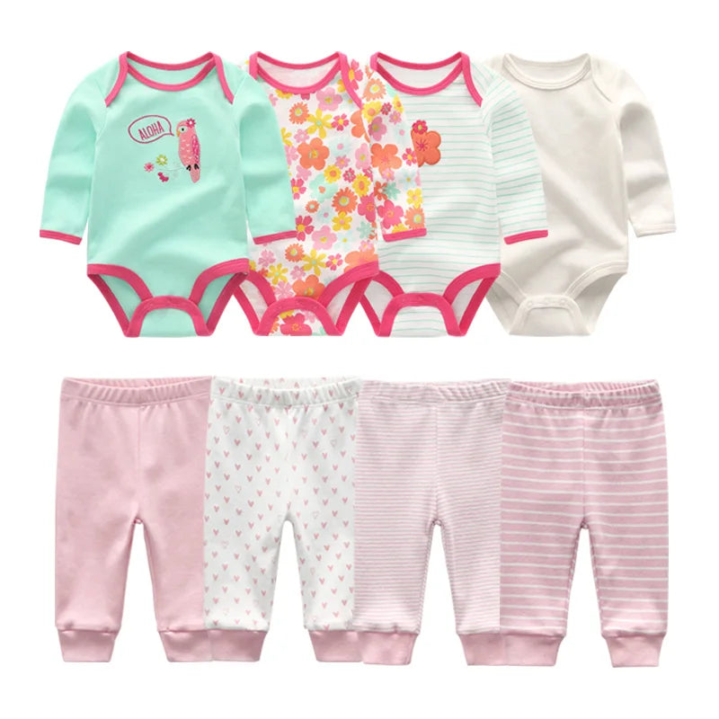 8-Piece Cotton Bodysuit & Pants Baby Set | Long Sleeve Cartoon Print 0-12M