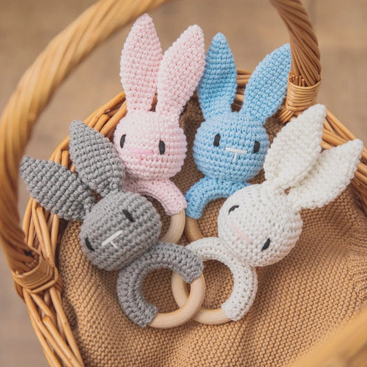 Crochet Amigurumi Bunny Baby Rattle — Handknit Newborn Toy