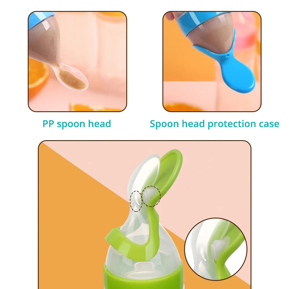 Silicone Baby Squeeze Feeding Bottle with Spoon | Rice Cereal & Food Supplement Feeder