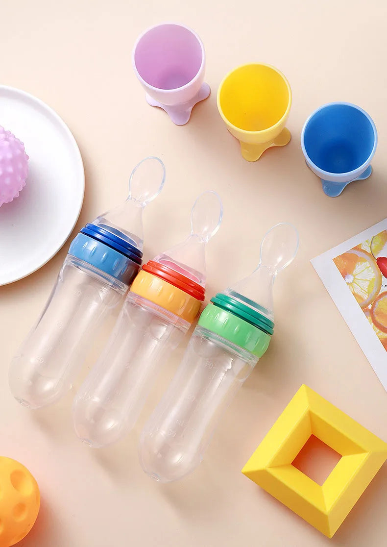 Silicone Baby Squeeze Feeding Bottle with Spoon | Rice Cereal & Food Supplement Feeder