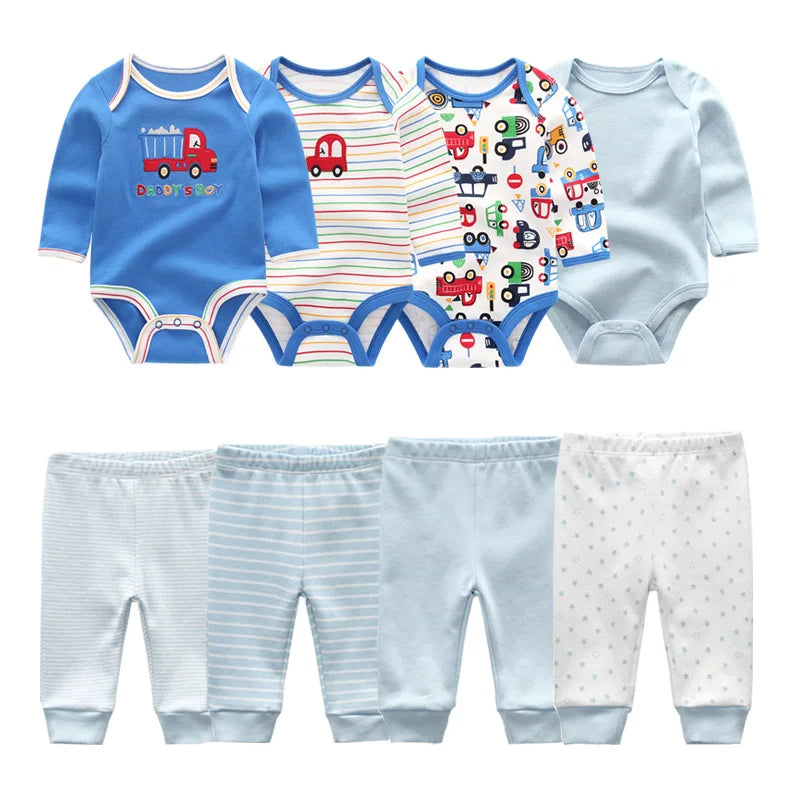 8-Piece Cotton Bodysuit & Pants Baby Set | Long Sleeve Cartoon Print 0-12M