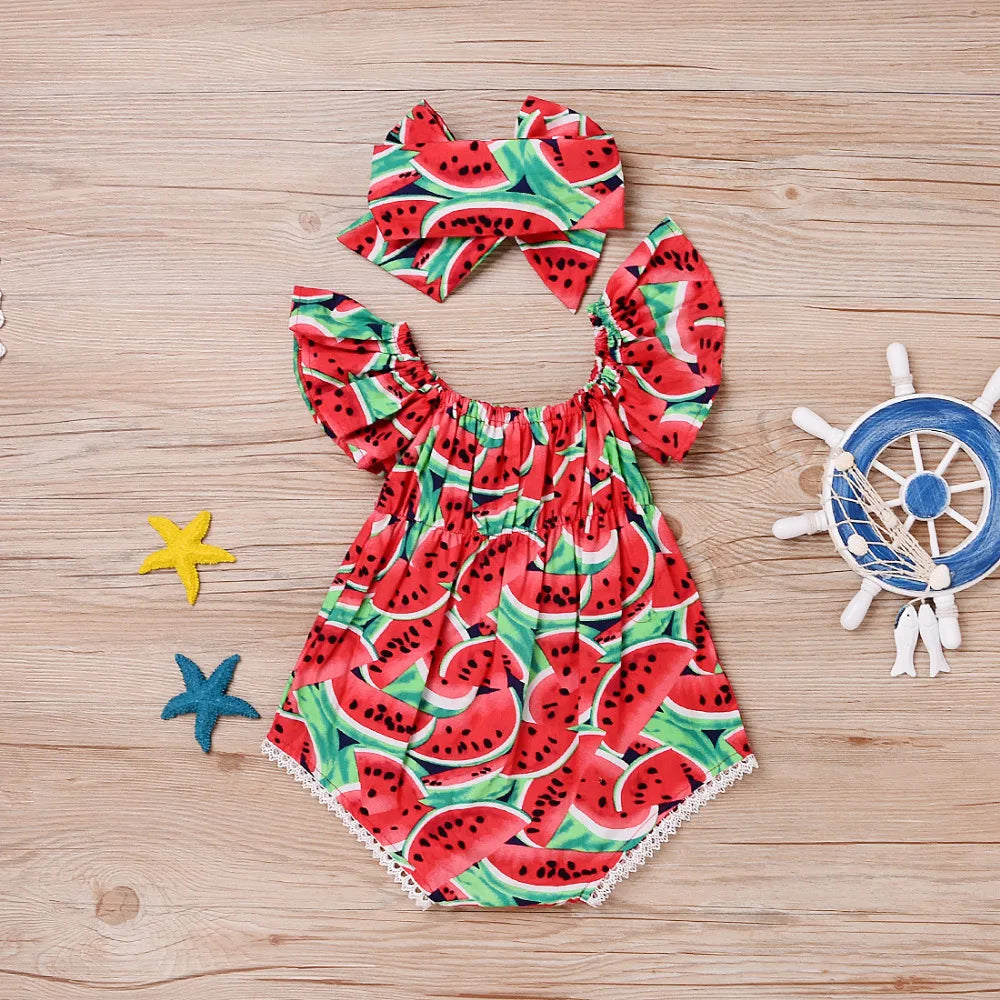 Baby Girl Watermelon Print Sleeveless Bodysuit | Summer Sunsuit Jumpsuit 0-24 Months