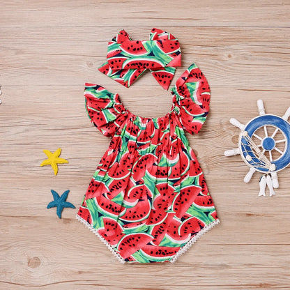 Baby Girl Watermelon Print Sleeveless Bodysuit | Summer Sunsuit Jumpsuit 0-24 Months