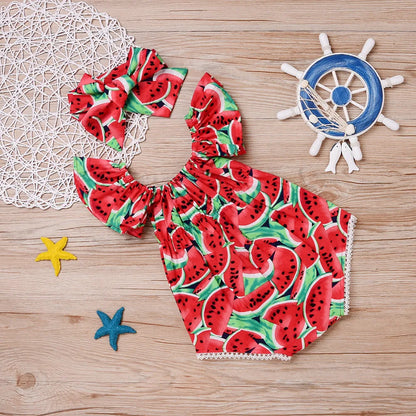 Baby Girl Watermelon Print Sleeveless Bodysuit | Summer Sunsuit Jumpsuit 0-24 Months