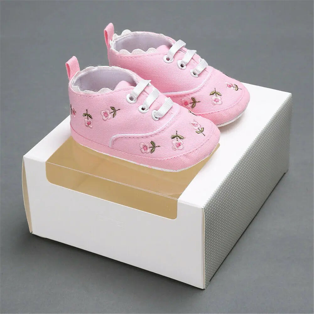 Baby Girl Embroidery Flower Shoes | Soft Sole Princess First Walkers 0-18 Months