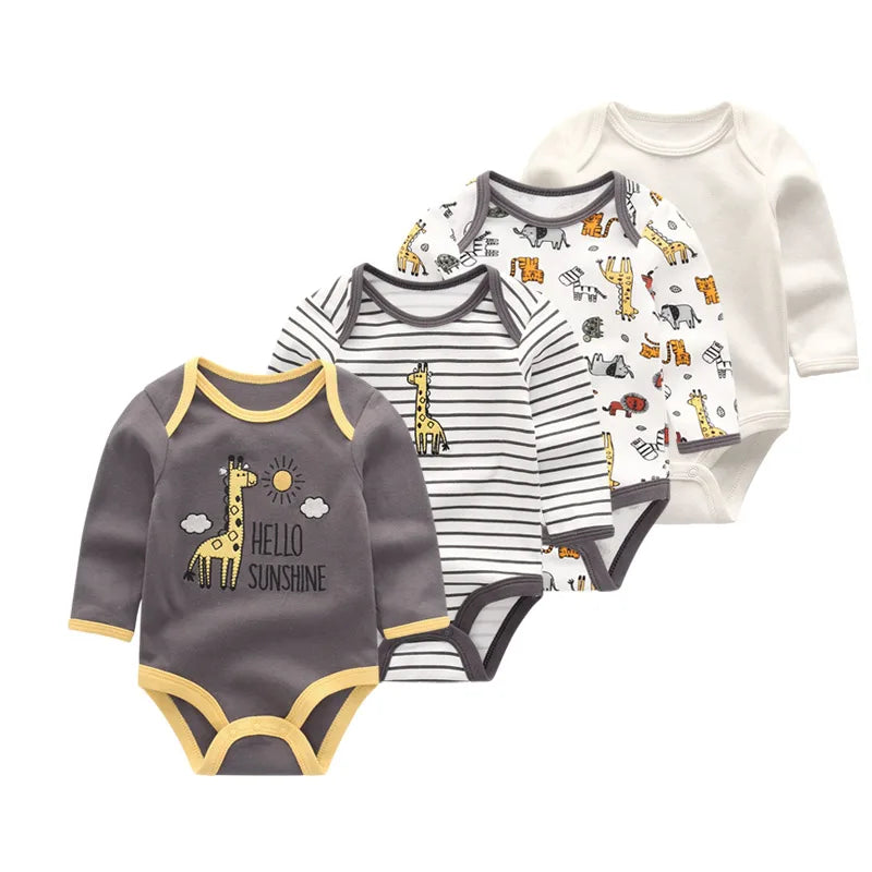 Baby Unisex Bodysuit 4-Pack | Long Sleeve Cotton Romper 0-12 Months