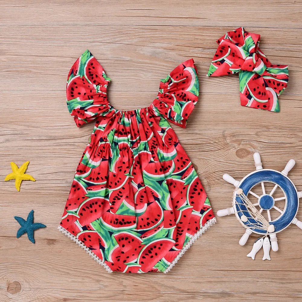 Baby Girl Watermelon Print Sleeveless Bodysuit | Summer Sunsuit Jumpsuit 0-24 Months