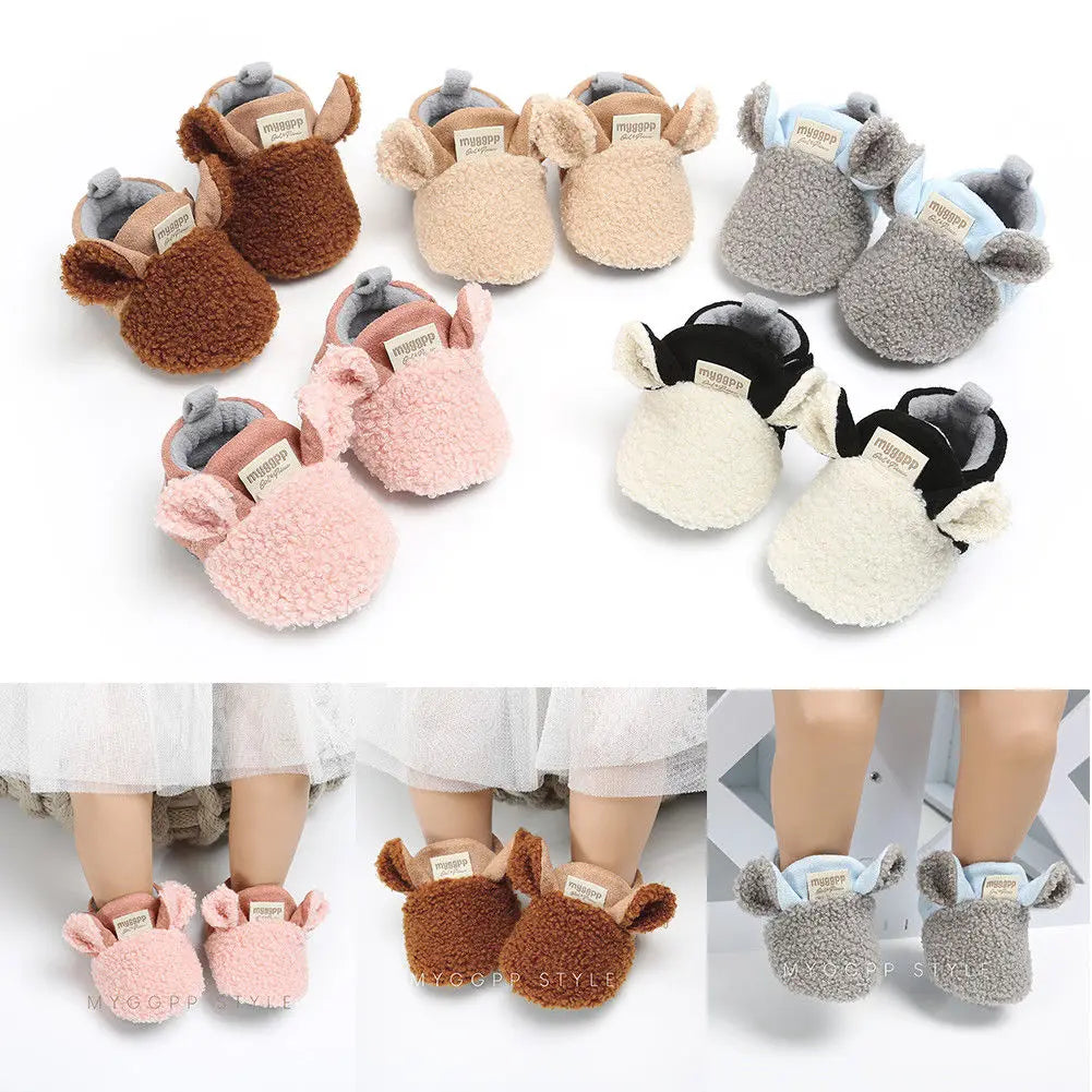 Baby Unisex Animal Ear Fur Slippers | Soft Sole First Walker Shoes 0-18 Months