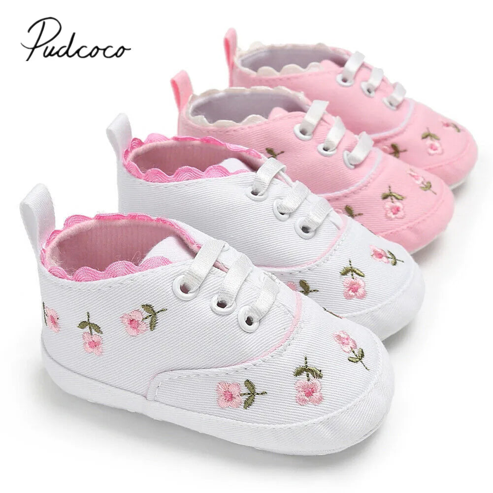 Baby Girl Embroidery Flower Shoes | Soft Sole Princess First Walkers 0-18 Months
