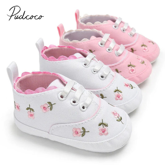 Baby Girl Embroidery Flower Shoes | Soft Sole Princess First Walkers 0-18 Months