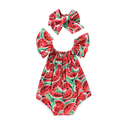 Baby Girl Watermelon Print Sleeveless Bodysuit | Summer Sunsuit Jumpsuit 0-24 Months