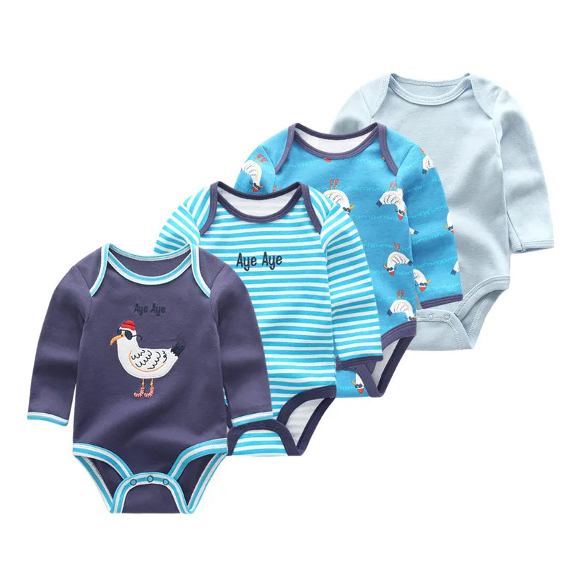 Baby Unisex Bodysuit 4-Pack | Long Sleeve Cotton Romper 0-12 Months
