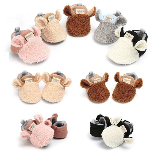 Baby Unisex Animal Ear Fur Slippers | Soft Sole First Walker Shoes 0-18 Months