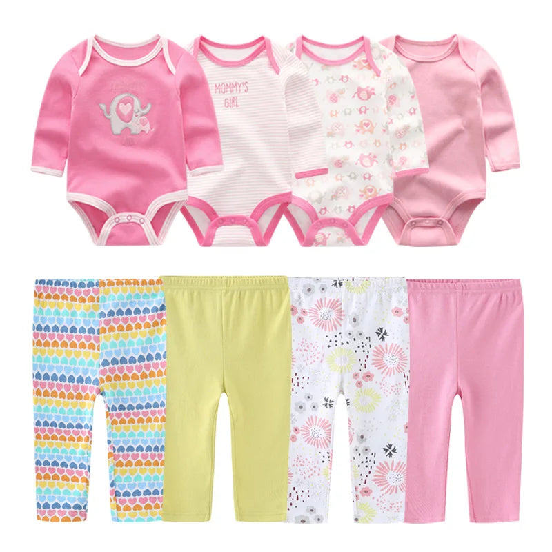 8-Piece Cotton Bodysuit & Pants Baby Set | Long Sleeve Cartoon Print 0-12M