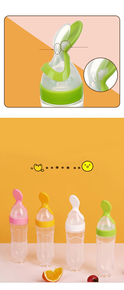 Silicone Baby Squeeze Feeding Bottle with Spoon | Rice Cereal & Food Supplement Feeder