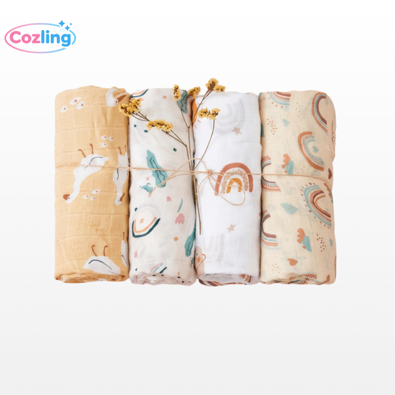 4-Piece Muslin Swaddle Blanket Gift Set | 100% Cotton Bamboo Baby Wrap