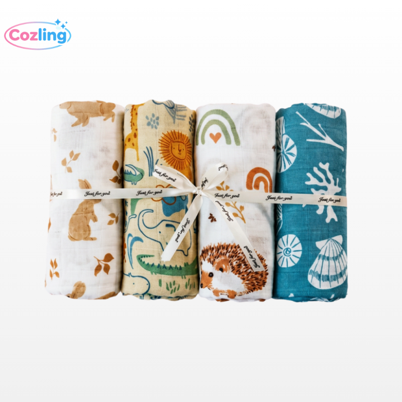 4-Piece Muslin Swaddle Blanket Gift Set | 100% Cotton Bamboo Baby Wrap
