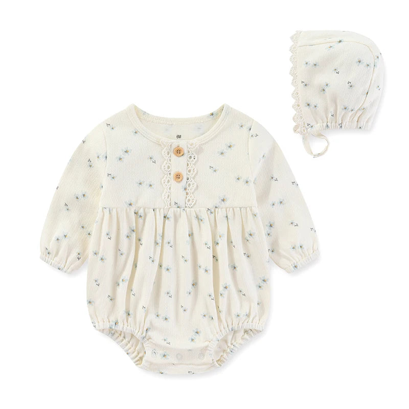 Baby Girl Cotton Lace Bodysuit & Hat Set | Long Sleeve 0-24 Months