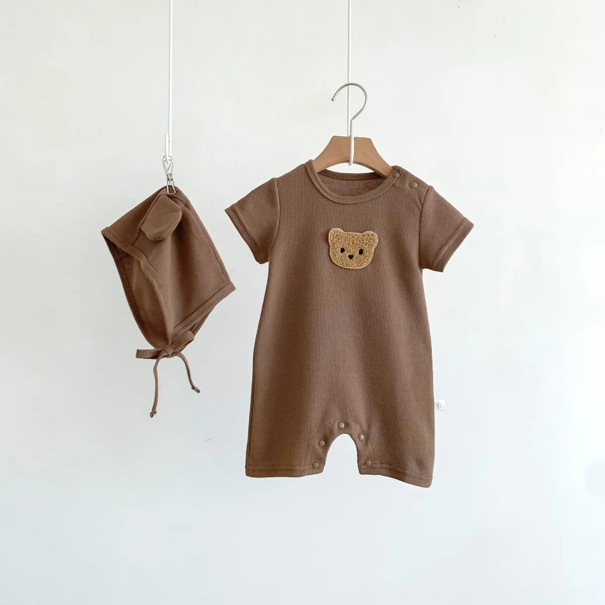 Baby Waffle Bear Romper & Hat Set | Short Sleeve Newborn Jumpsuit 0-24 Months