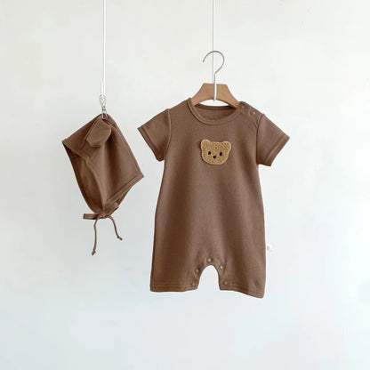 Baby Waffle Bear Romper & Hat Set | Short Sleeve Newborn Jumpsuit 0-24 Months