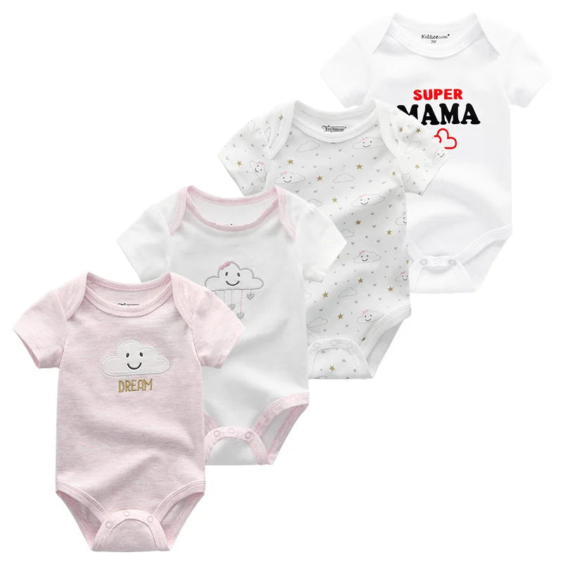 Baby Cartoon Cotton Romper 4-Piece Set | Short Sleeve Newborn Bodysuit 3-12 Months
