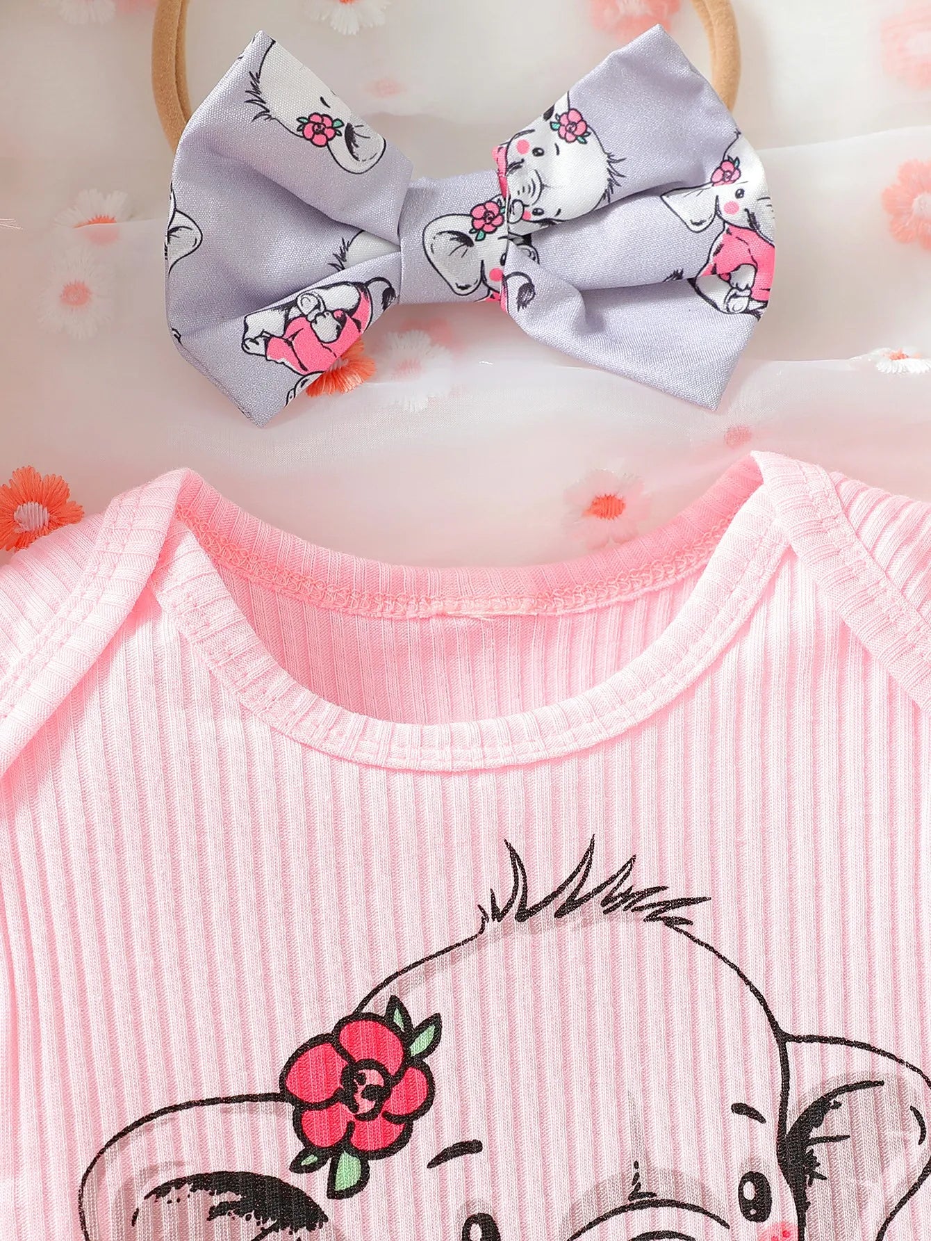 Baby Girl Elephant Print T-Shirt, Headband & Overalls Set