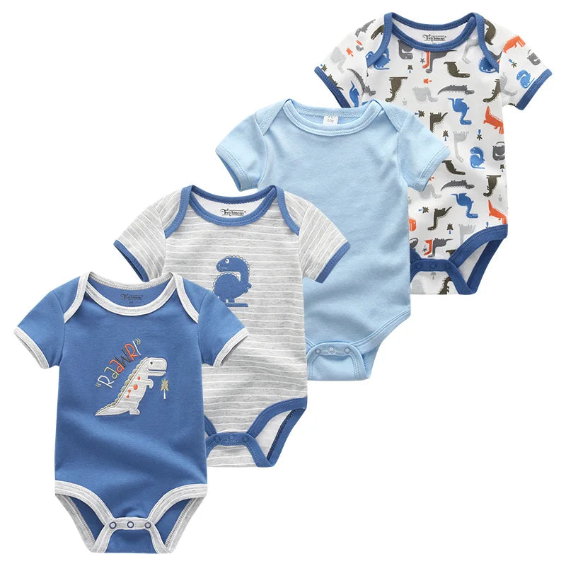Baby Cartoon Cotton Romper 4-Piece Set | Short Sleeve Newborn Bodysuit 3-12 Months