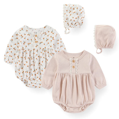 Baby Girl Cotton Lace Bodysuit & Hat Set | Long Sleeve 0-24 Months