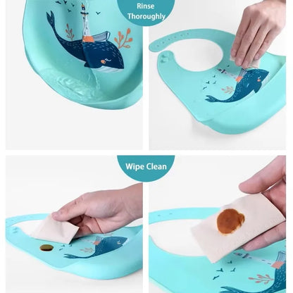 Waterproof Silicone Baby Bib | Adjustable Cute Printed Design, BPA-Free Leak-Proof Feeding Bib