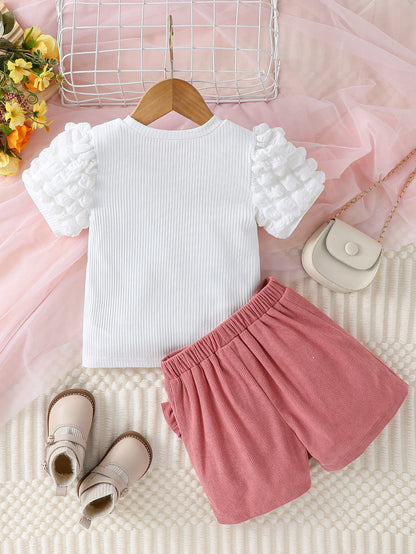 Girls Heart Puff Sleeve Top & Bow Shorts Set