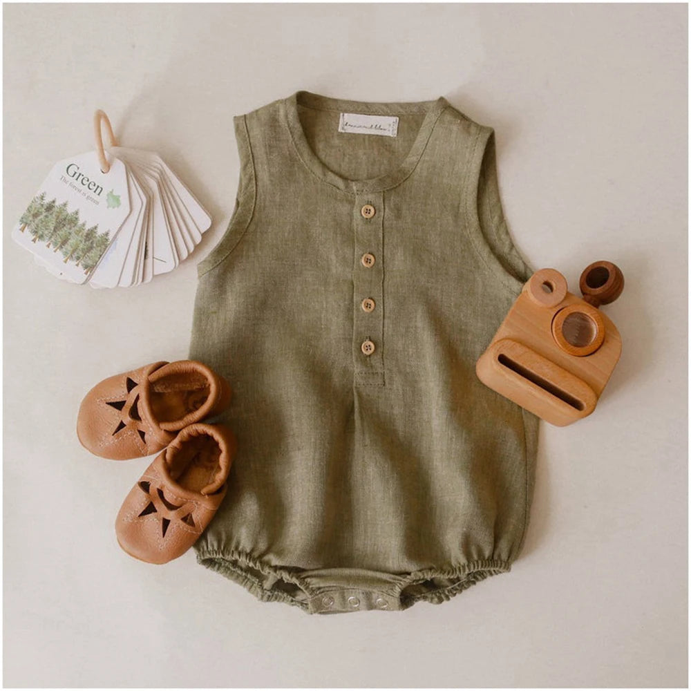 Newborn Linen Cotton Sleeveless Romper | Breathable Unisex Bodysuit 0–24 Months