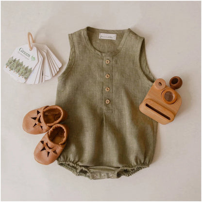 Newborn Linen Cotton Sleeveless Romper | Breathable Unisex Bodysuit 0–24 Months