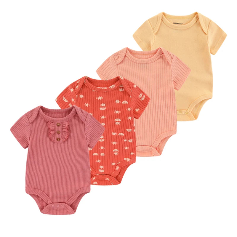 Baby Cartoon Cotton Romper 4-Piece Set | Short Sleeve Newborn Bodysuit 3-12 Months