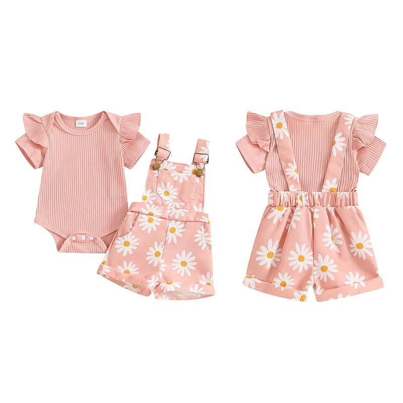 Baby Girl Flower Print Romper & Suspender Shorts Set | Summer Outfit 0-18 Months