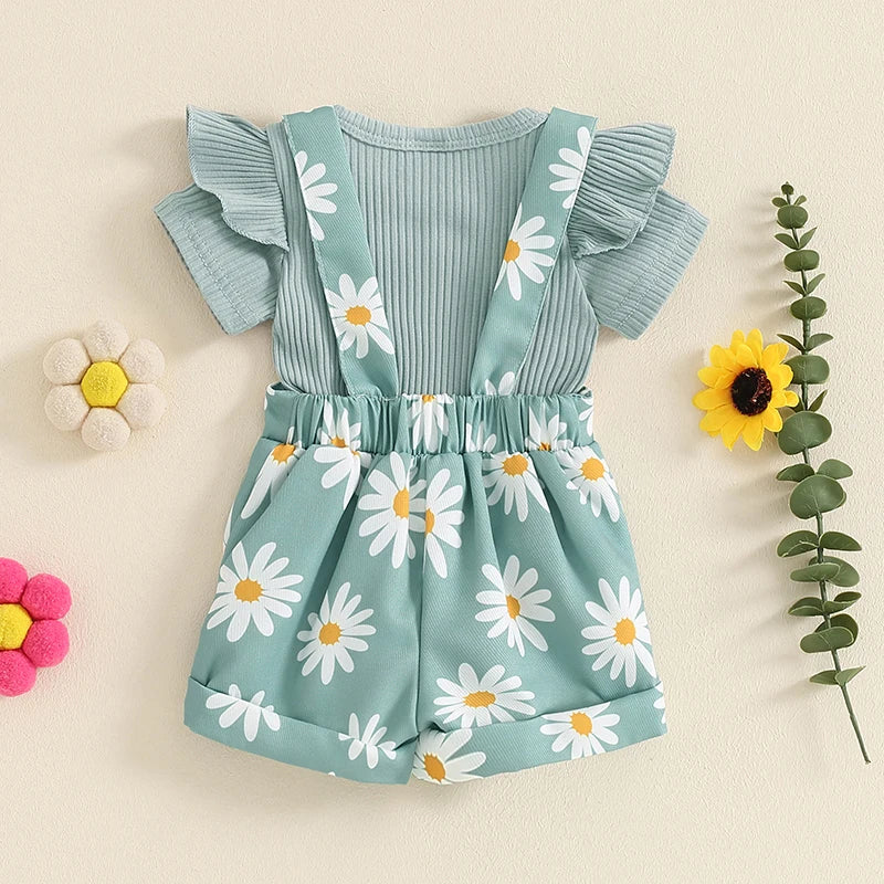 Baby Girl Flower Print Romper & Suspender Shorts Set | Summer Outfit 0-18 Months