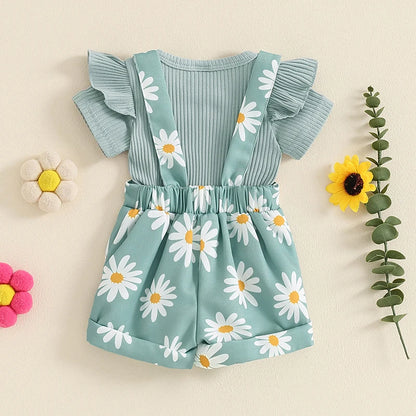 Baby Girl Flower Print Romper & Suspender Shorts Set | Summer Outfit 0-18 Months