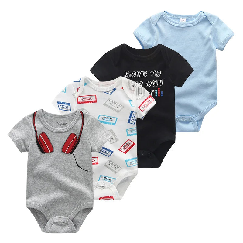 Baby Cartoon Cotton Romper 4-Piece Set | Short Sleeve Newborn Bodysuit 3-12 Months