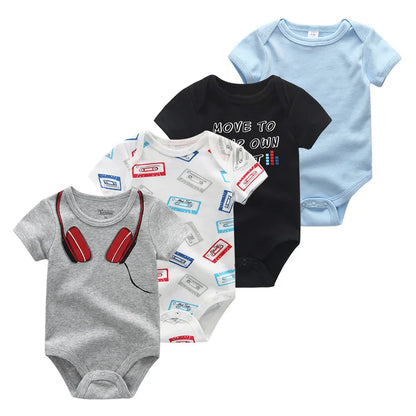 Baby Cartoon Cotton Romper 4-Piece Set | Short Sleeve Newborn Bodysuit 3-12 Months