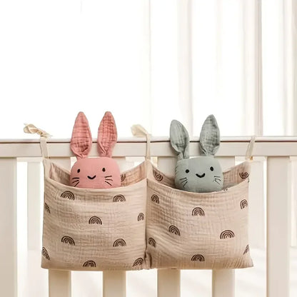 Baby Crib Storage Bag | Cotton Double Pouch Bed Organiser for Nappies, Toys & Essentials