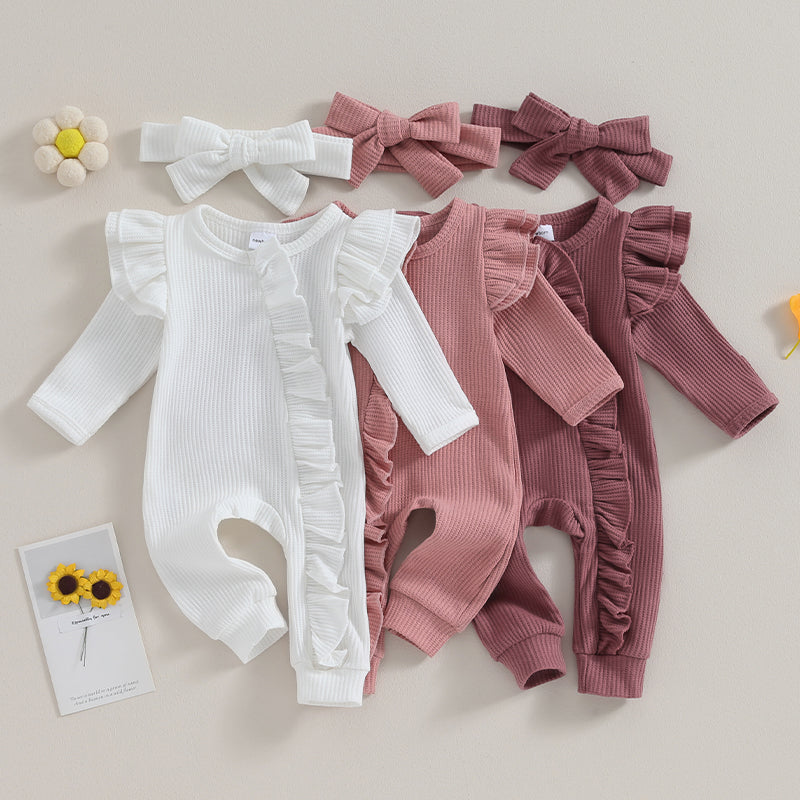Baby Girl Ruffle Sleeve Zipper Romper & Bow Headband Set | Solid Colour 0-12 Months