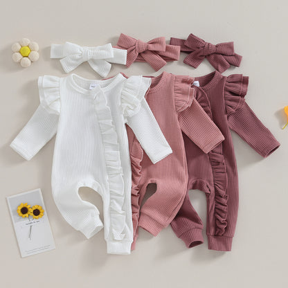 Baby Girl Ruffle Sleeve Zipper Romper & Bow Headband Set | Solid Colour 0-12 Months